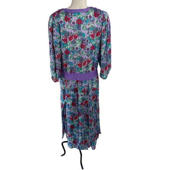 Diane Freis Vintage Womens Dress Size Medium Purple Floral Midi Elastic Waist - Picture 2 of 8